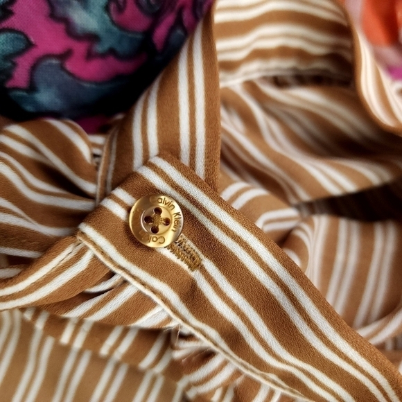 🔴 Calvin Klein Camel Tan Cream Striped Bubble Sleeve Top Sz M - Picture 8 of 11